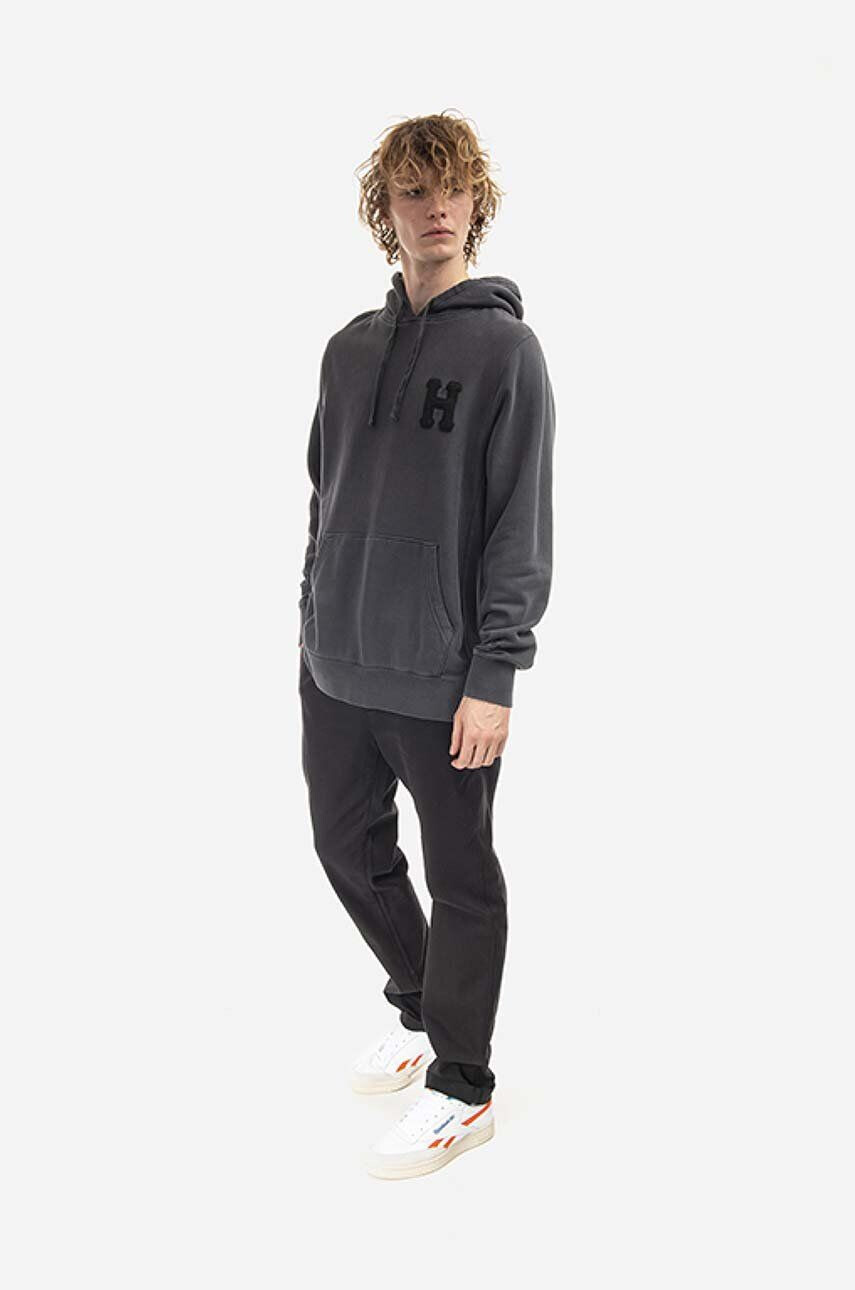 Huf Mikina Monotone P/O Fleece pánska šedá farba s kapucňou s nášivkou - Pepit.sk