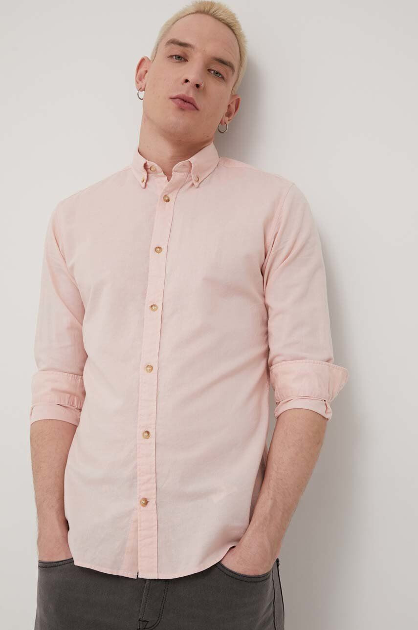 Jack & Jones Košeľa s prímesou ľanu pánska ružová farba slim s golierom button-down - Pepit.sk