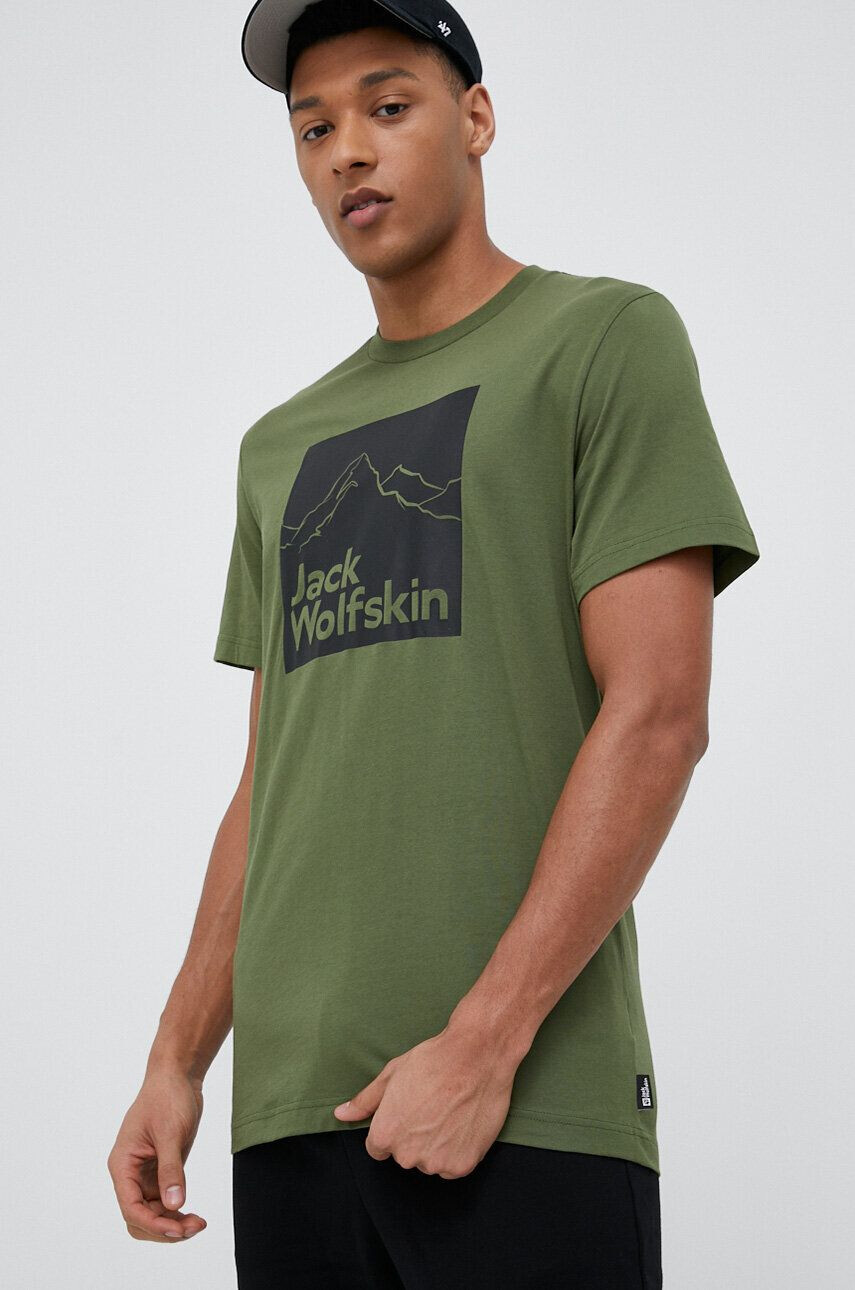 Jack Wolfskin Bavlnené tričko zelená farba vzorované - Pepit.sk