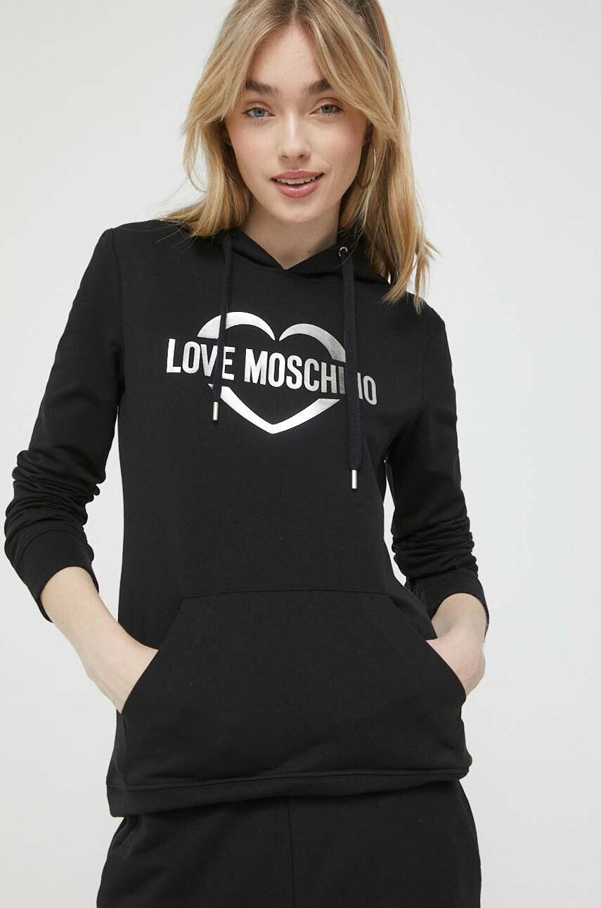 Love Moschino Mikina dámska čierna farba s kapucňou s potlačou - Pepit.sk