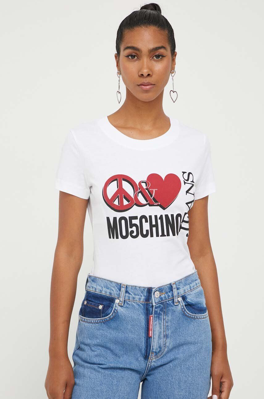 Moschino Jeans Bavlnené tričko biela farba - Pepit.sk