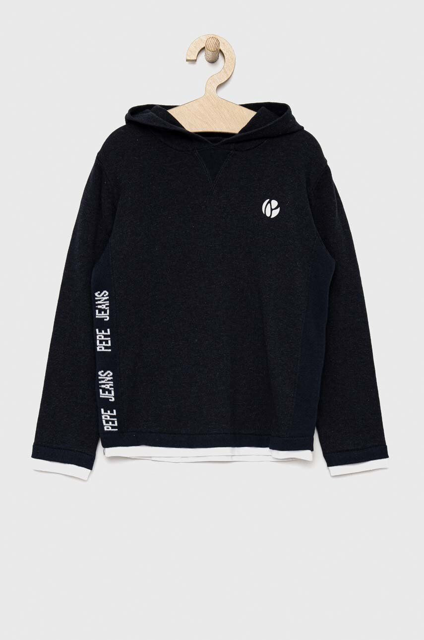 Pepe Jeans Detský bavlnený sveter Logan Hoodie tmavomodrá farba - Pepit.sk