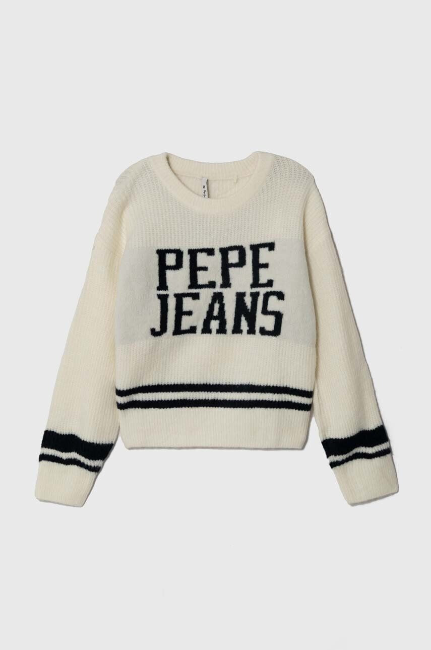 Pepe Jeans Detský sveter s prímesou vlny béžová farba teplý - Pepit.sk