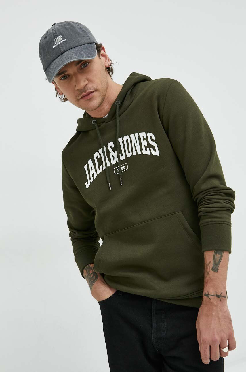 Premium by Jack&Jones Mikina pánska zelená farba s kapucňou s potlačou - Pepit.sk