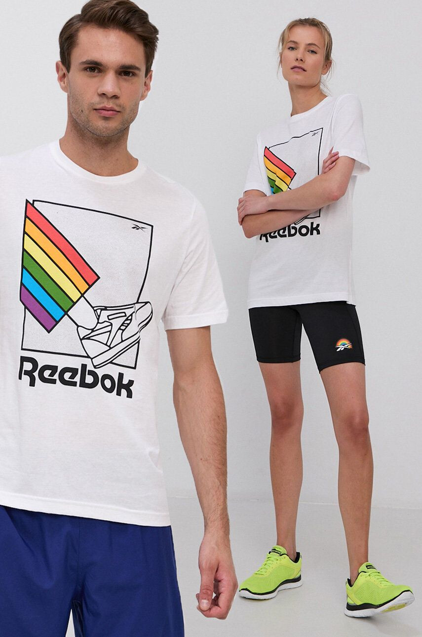 Reebok Bavlnené tričko H42548 biela farba s potlačou - Pepit.sk