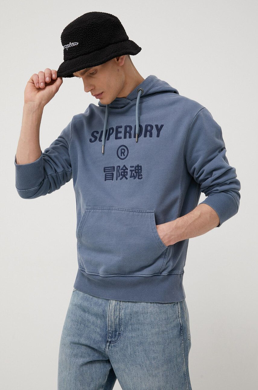 Superdry Bavlnená mikina pánska tmavomodrá farba s nášivkou - Pepit.sk