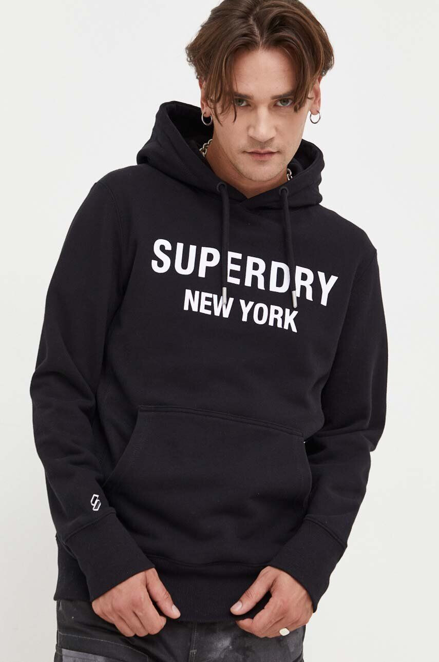 Superdry Bavlnená mikina pánska čierna farba s kapucňou s potlačou - Pepit.sk