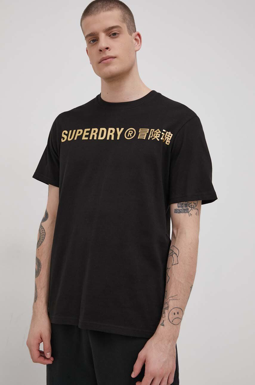 Superdry Bavlnené tričko čierna farba s potlačou - Pepit.sk