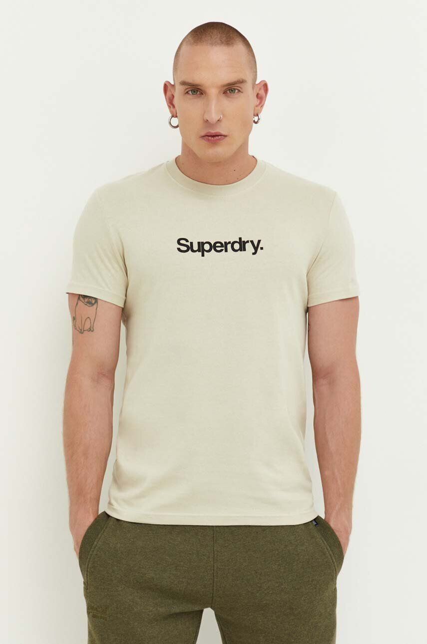 Superdry Bavlnené tričko béžová farba s potlačou - Pepit.sk