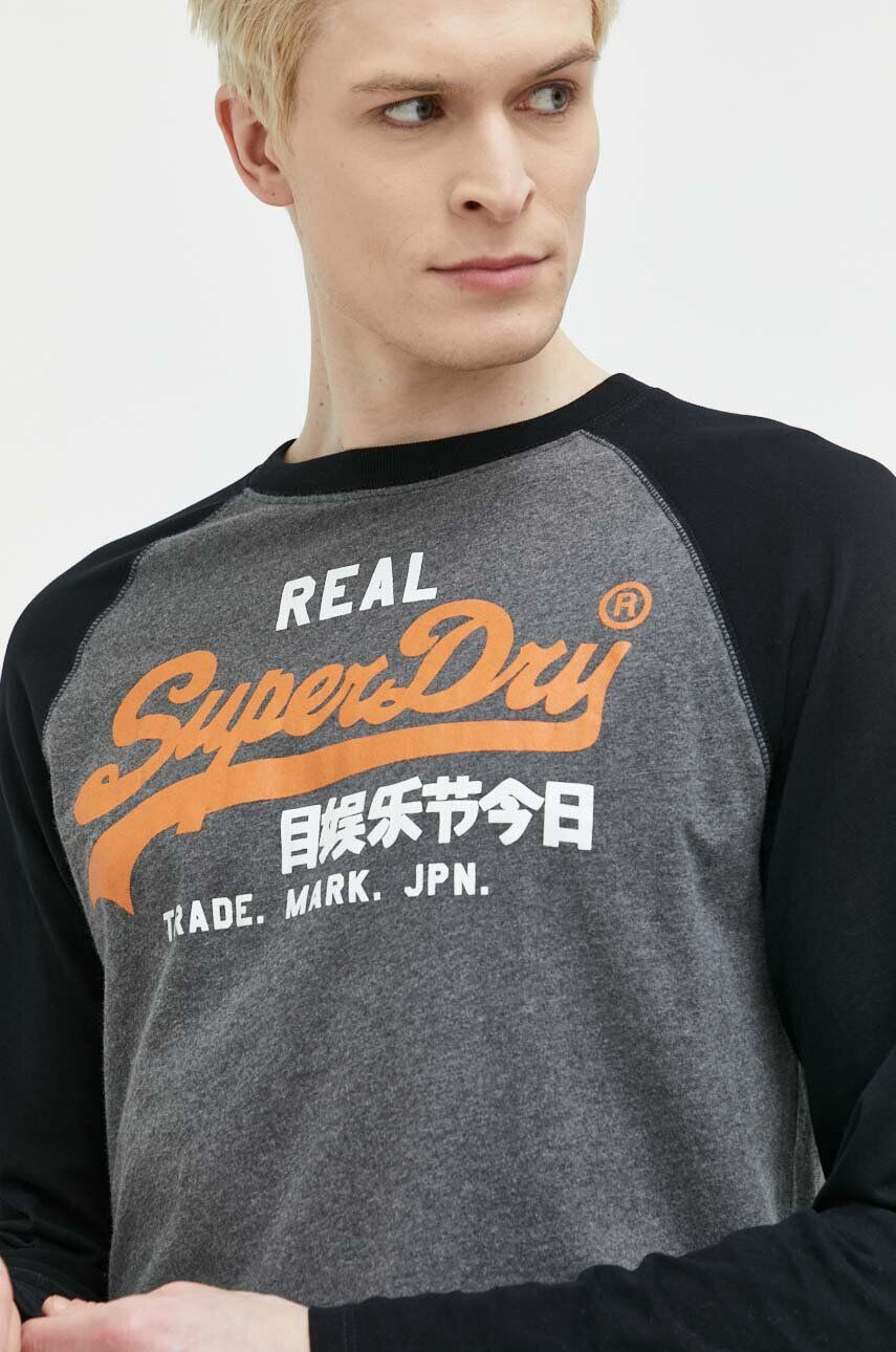 Superdry Bavlnené tričko s dlhým rukávom šedá farba s potlačou - Pepit.sk