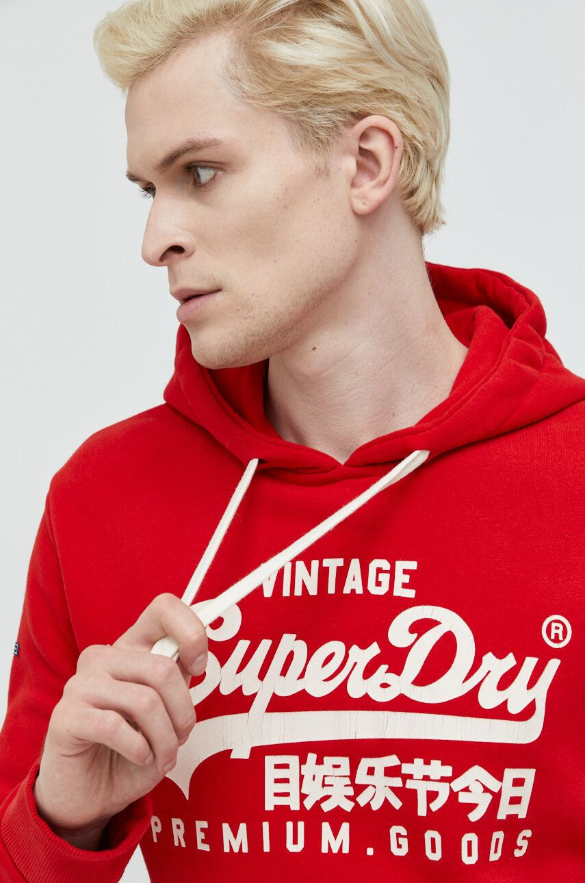 Superdry Mikina pánska červená farba s kapucňou s potlačou - Pepit.sk