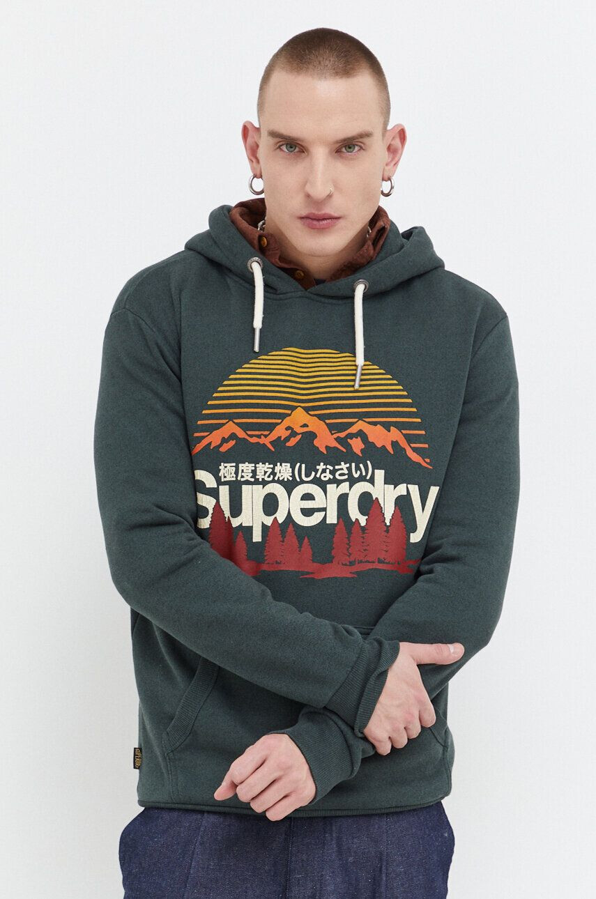 Superdry Mikina pánska zelená farba s kapucňou s potlačou - Pepit.sk