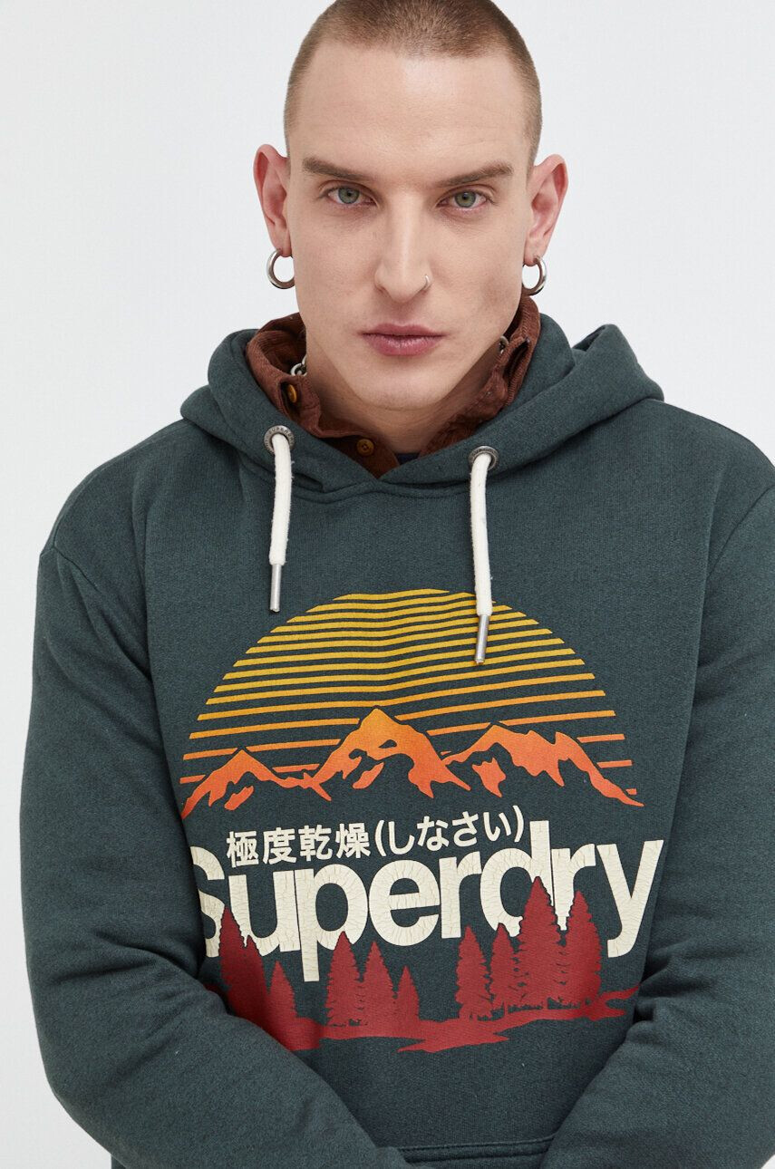 Superdry Mikina pánska zelená farba s kapucňou s potlačou - Pepit.sk