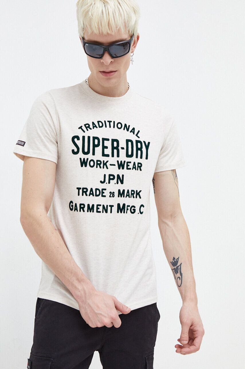 Superdry Tričko pánsky béžová farba s potlačou - Pepit.sk