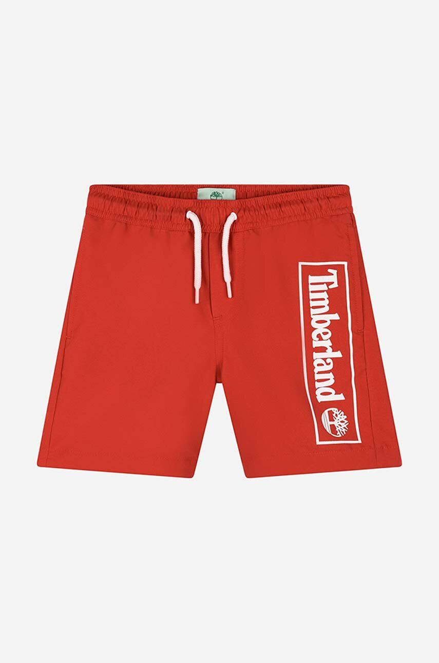 Timberland Detské plavkové šortky Swim Shorts červená farba s potlačou - Pepit.sk