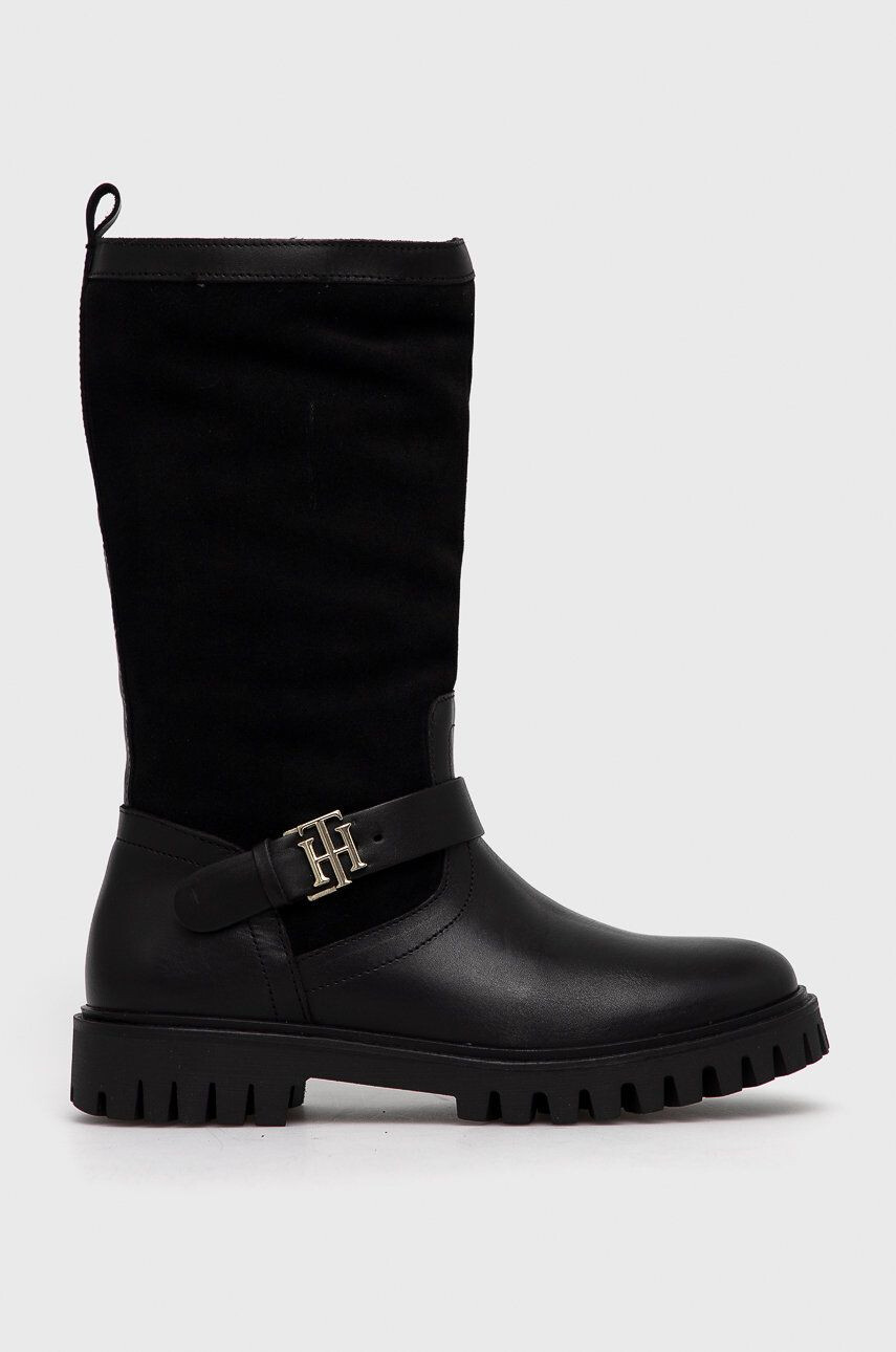 Tommy Hilfiger Kožené čižmy Zip High Heel Longboot dámske čierna farba na podpätku - Pepit.sk