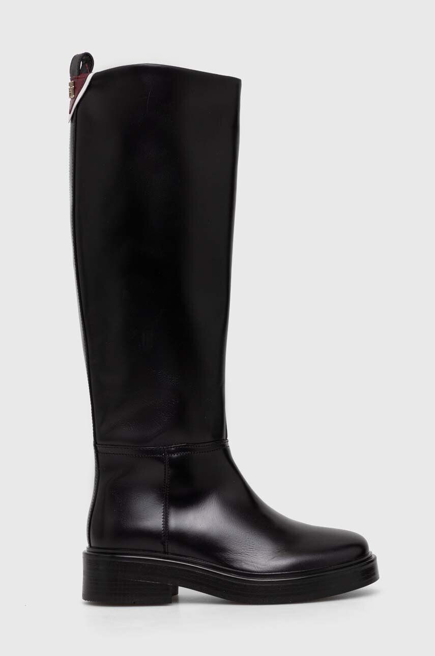 Tommy Hilfiger Kožené čižmy COOL ELEVATED LONGBOOT dámske čierna farba na plochom podpätku FW0FW07488 - Pepit.sk