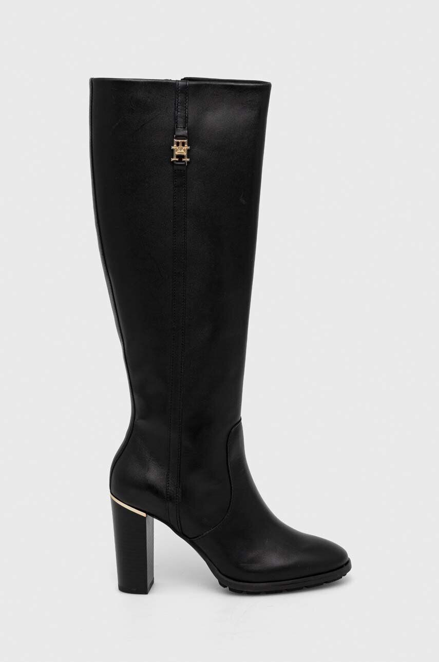 Tommy Hilfiger Kožené čižmy FEMININE TH HARDWARE LONGBOOT dámske čierna farba na podpätku FW0FW07541 - Pepit.sk