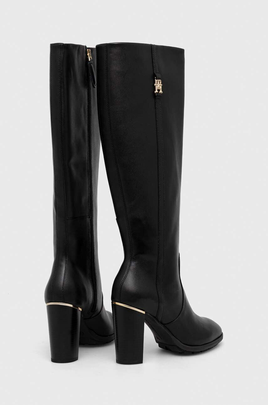 Tommy Hilfiger Kožené čižmy FEMININE TH HARDWARE LONGBOOT dámske čierna farba na podpätku FW0FW07541 - Pepit.sk