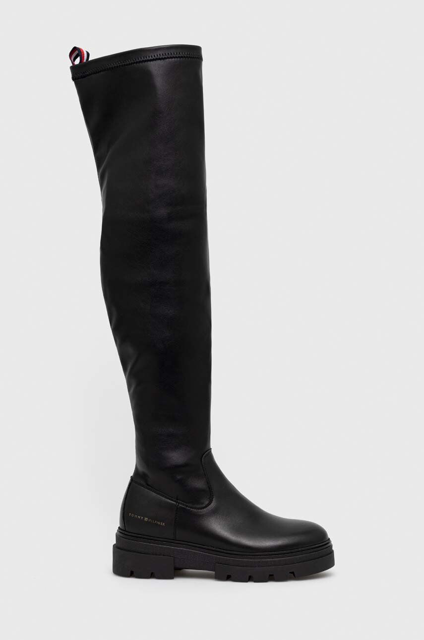 Tommy Hilfiger Kožené čižmy Monochromatic Over The Knee Boot dámske čierna farba na platforme - Pepit.sk