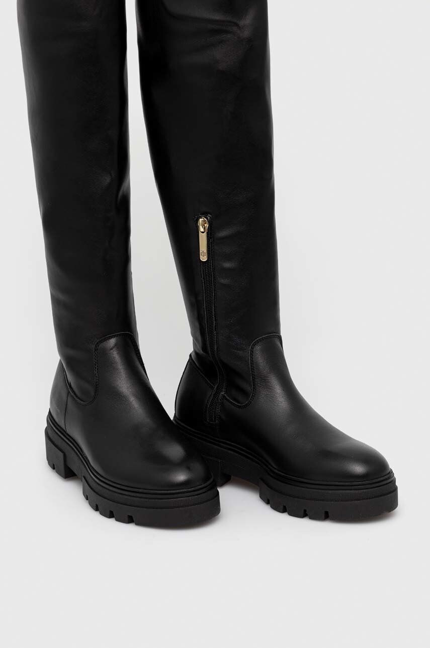 Tommy Hilfiger Kožené čižmy Monochromatic Over The Knee Boot dámske čierna farba na platforme - Pepit.sk