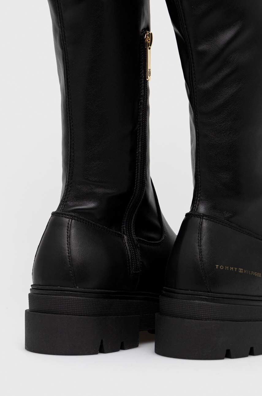 Tommy Hilfiger Kožené čižmy Monochromatic Over The Knee Boot dámske čierna farba na platforme - Pepit.sk