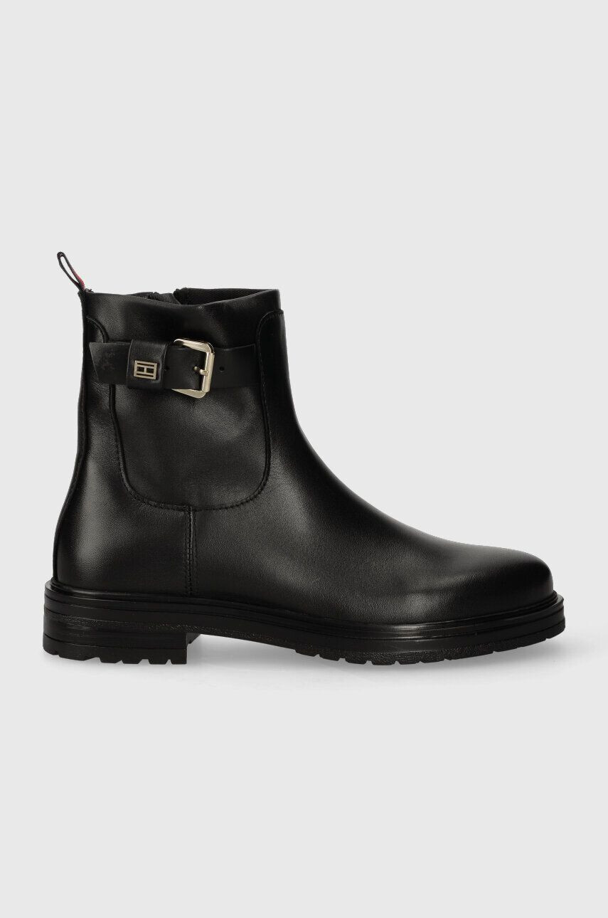 Tommy Hilfiger Kožené členkové topánky BELT BOOTIE LEATHER dámske čierna farba na plochom podpätku FW0FW07479 - Pepit.sk