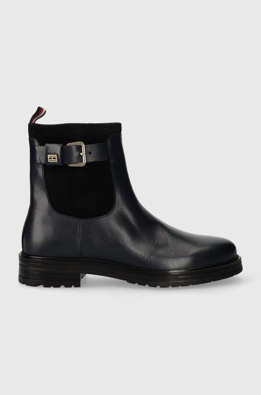 Tommy Hilfiger Kožené členkové topánky BELT BOOTIE MATERIAL MIX dámske tmavomodrá farba na plochom podpätku FW0FW07477 - Pepit.sk