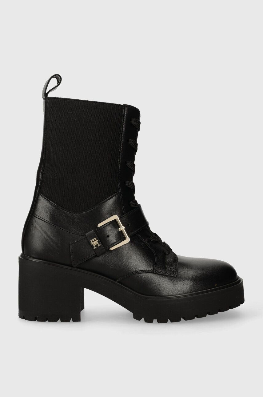 Tommy Hilfiger Kožené členkové topánky TOMMY BELT LEATHER BOOT dámske čierna farba na podpätku FW0FW07526 - Pepit.sk