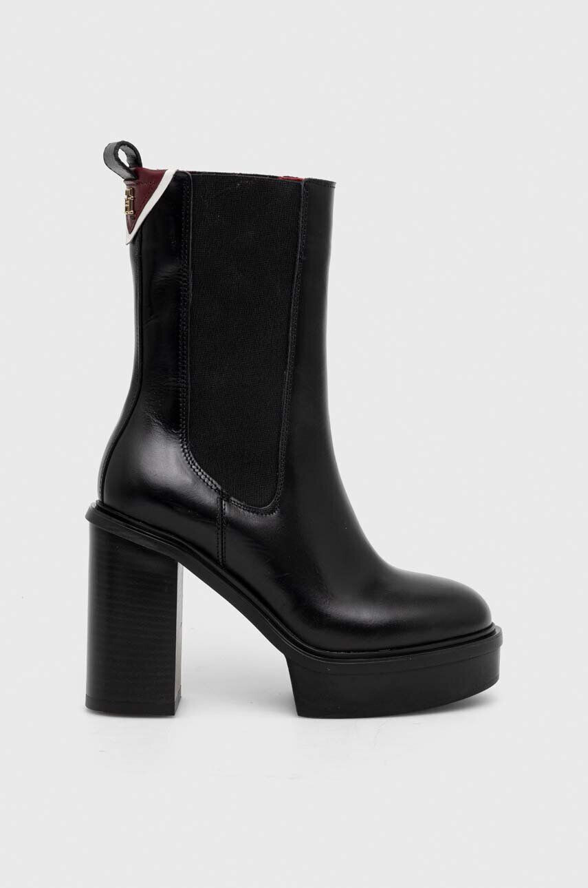 Tommy Hilfiger Kožené topánky chelsea PLATEAU CHELSEA BOOTIE dámske čierna farba na podpätku FW0FW07542 - Pepit.sk