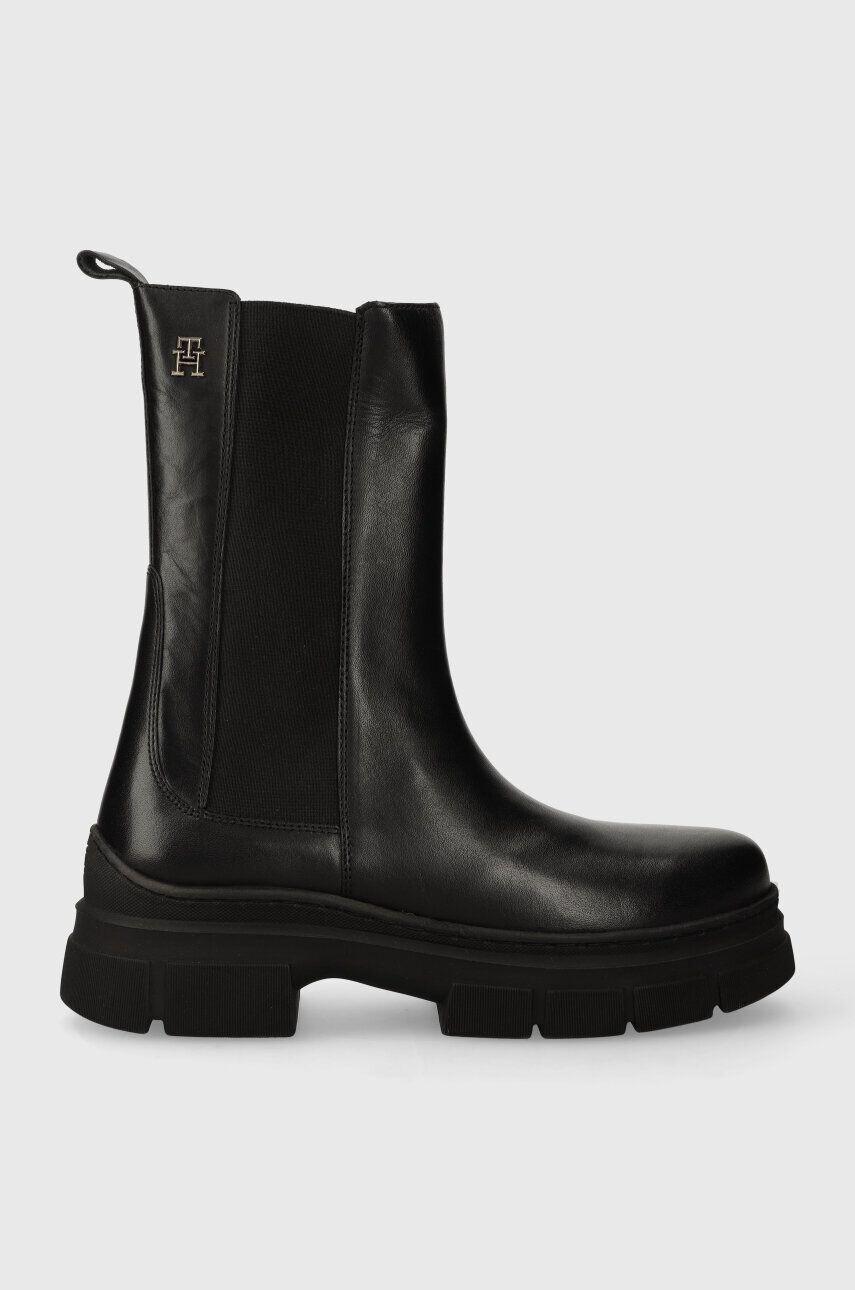 Tommy Hilfiger Kožené topánky chelsea ESSENTIAL LEATHER CHELSEA BOOT dámske čierna farba na plochom podpätku FW0FW07490 - Pepit.sk