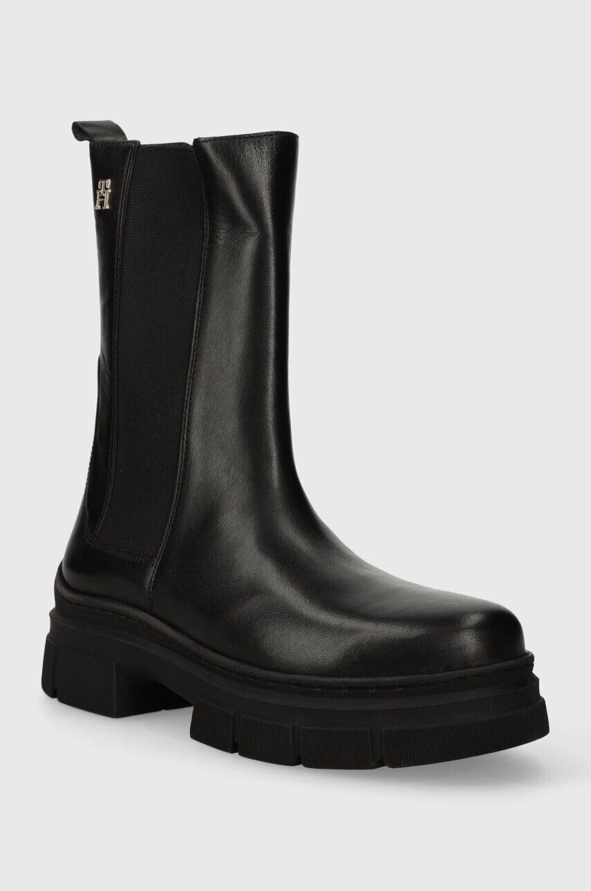 Tommy Hilfiger Kožené topánky chelsea ESSENTIAL LEATHER CHELSEA BOOT dámske čierna farba na plochom podpätku FW0FW07490 - Pepit.sk