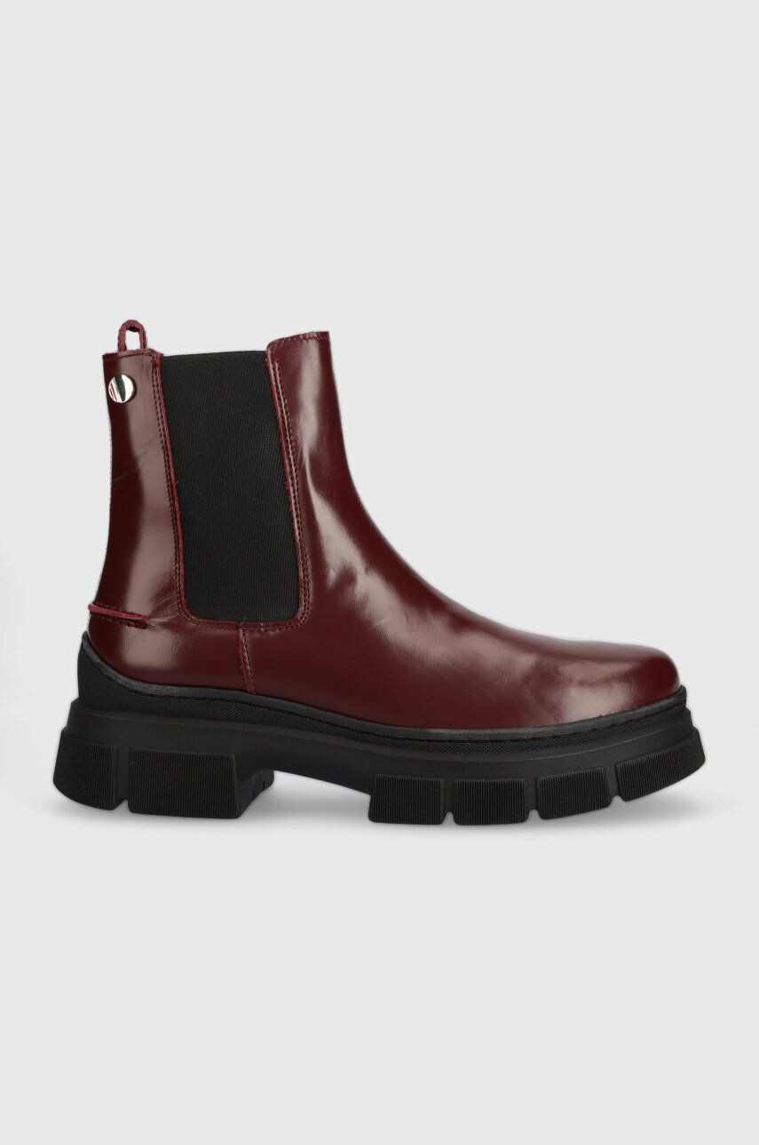 Tommy Hilfiger Kožené topánky chelsea Preppy Outdoor Low Boot dámske bordová farba na platforme - Pepit.sk