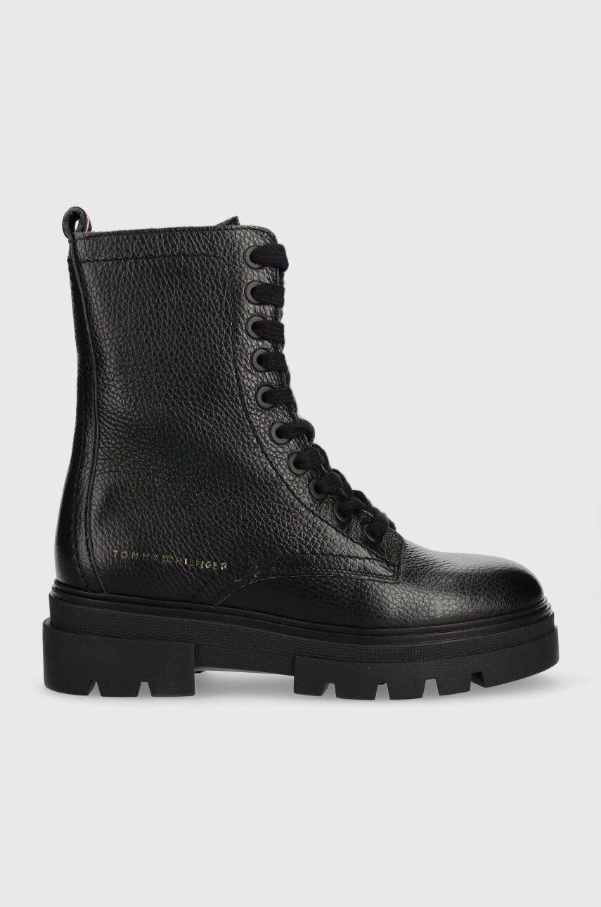 Tommy Hilfiger Kožené workery Monochromatic Lace Up Boot dámske čierna farba na plochom podpätku - Pepit.sk