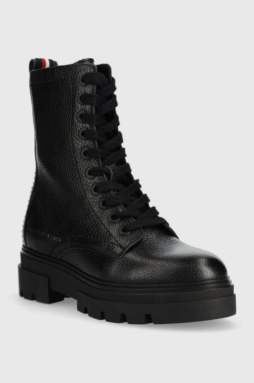 Tommy Hilfiger Kožené workery Monochromatic Lace Up Boot dámske čierna farba na plochom podpätku - Pepit.sk