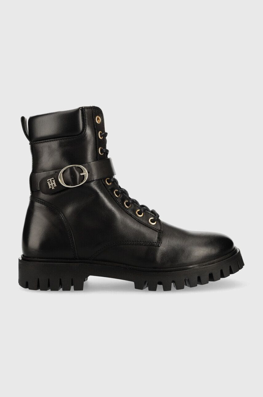 Tommy Hilfiger Kožené workery Buckle Lace Up Boot dámske čierna farba na plochom podpätku - Pepit.sk