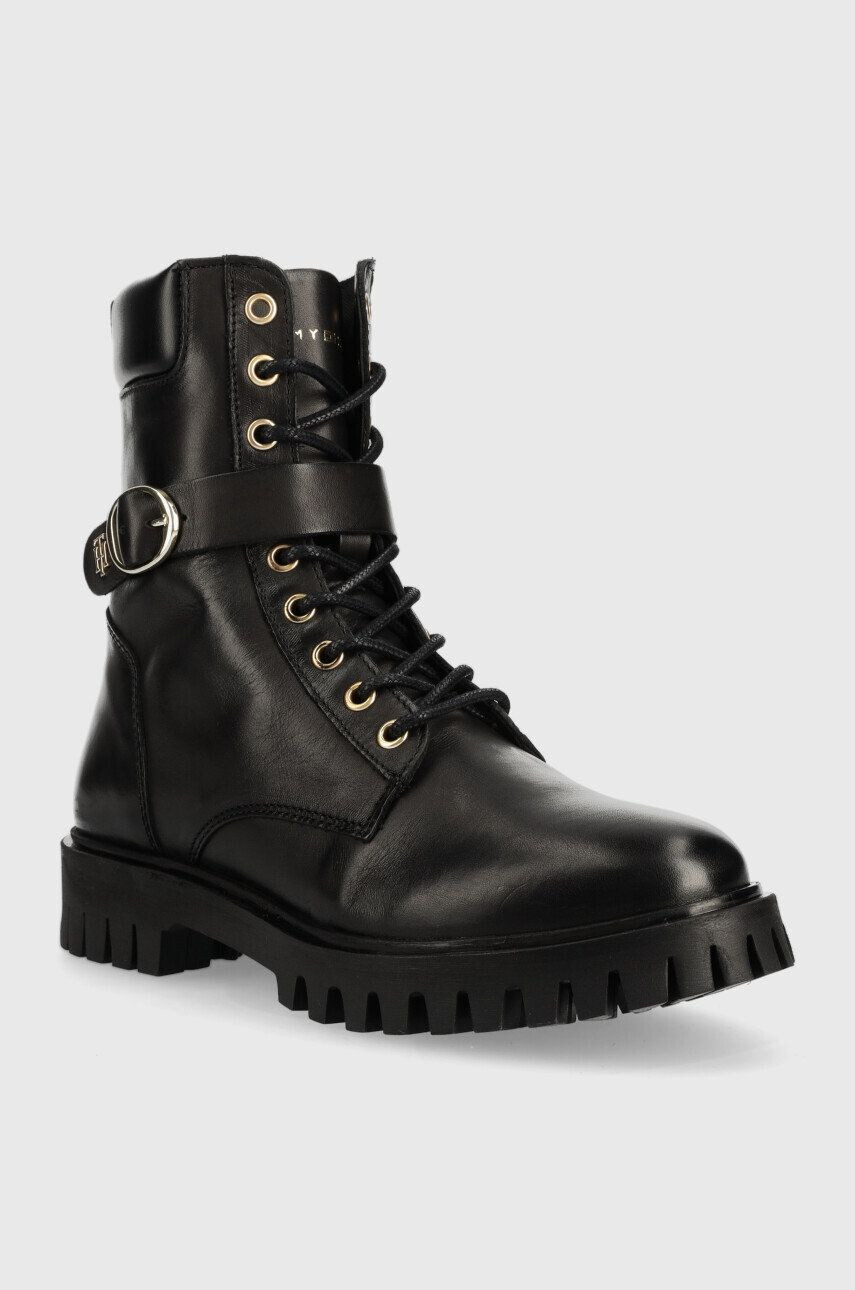 Tommy Hilfiger Kožené workery Buckle Lace Up Boot dámske čierna farba na plochom podpätku - Pepit.sk