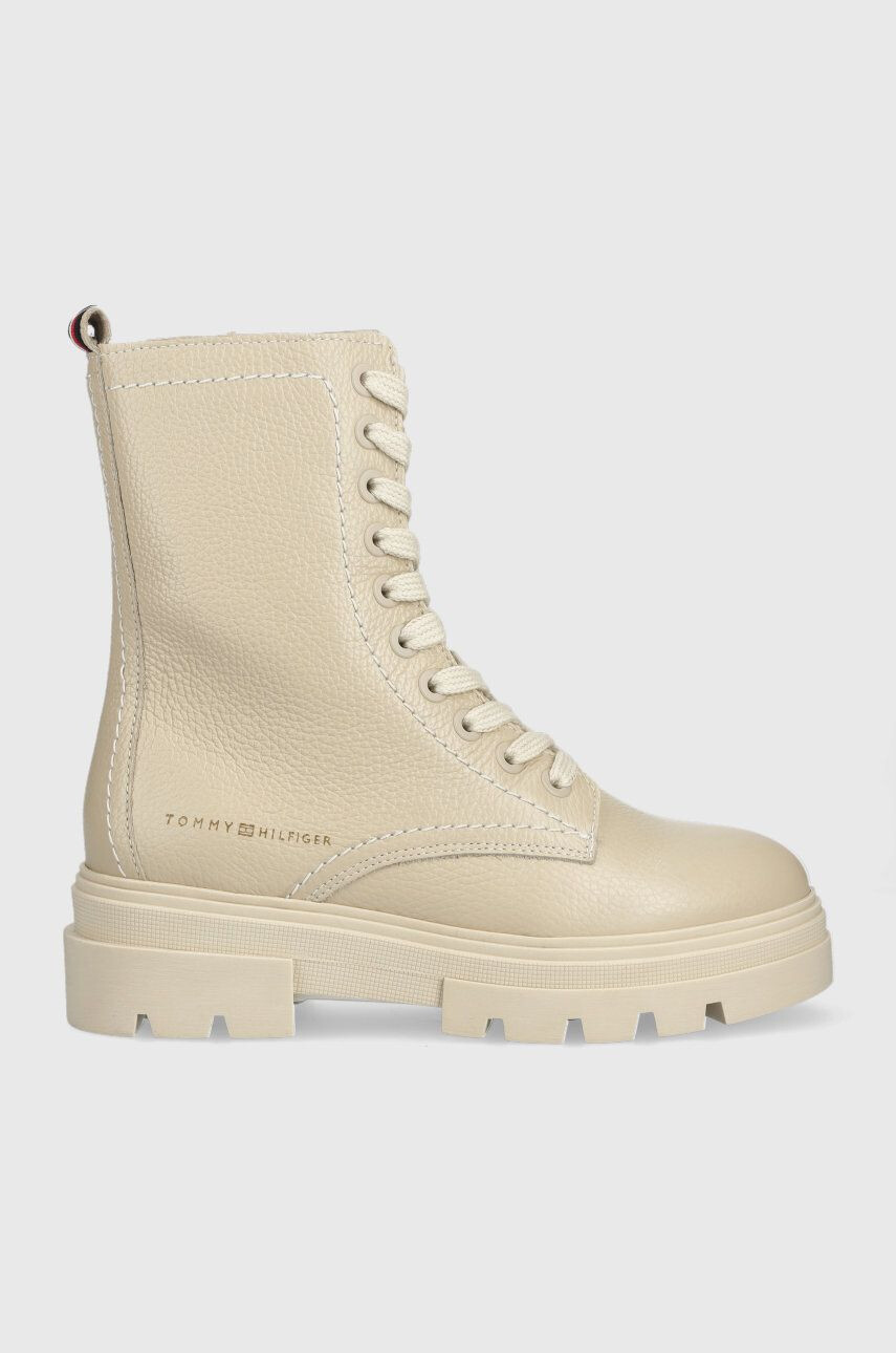 Tommy Hilfiger Kožené workery Monochromatic Lace Up Boot dámske béžová farba na plochom podpätku - Pepit.sk