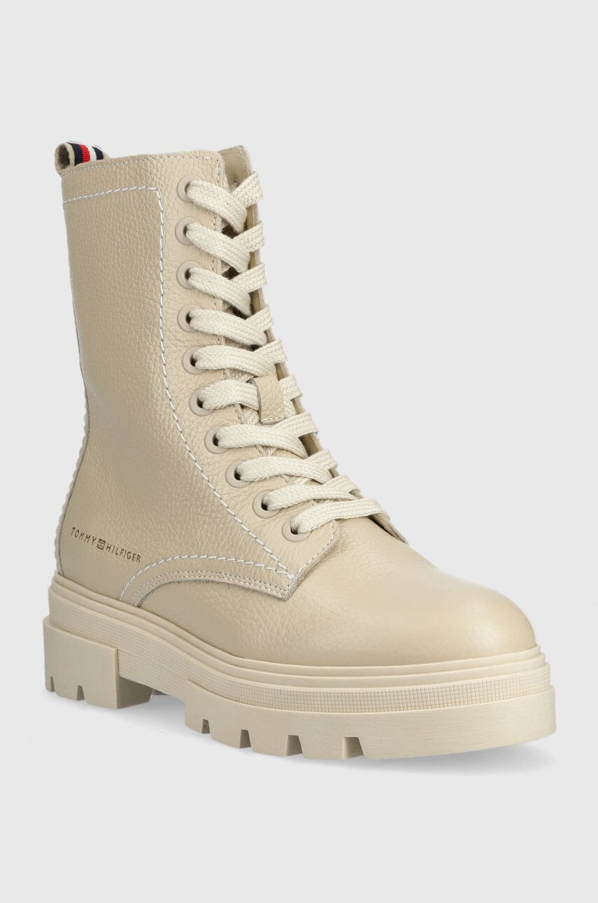 Tommy Hilfiger Kožené workery Monochromatic Lace Up Boot dámske béžová farba na plochom podpätku - Pepit.sk