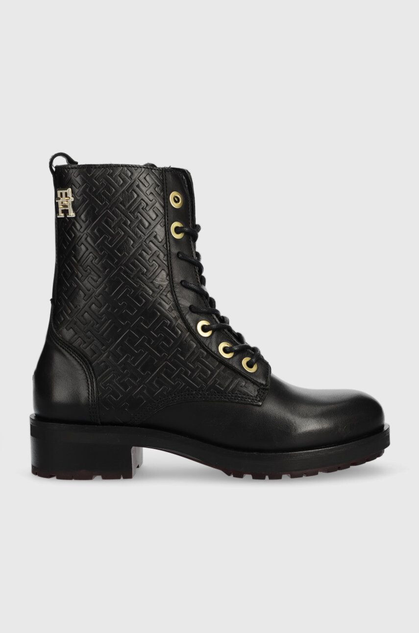 Tommy Hilfiger Kožené workery Th Monogram Biker Boot dámske čierna farba na plochom podpätku - Pepit.sk