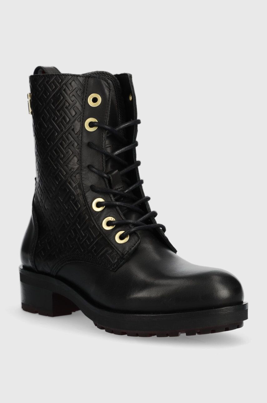 Tommy Hilfiger Kožené workery Th Monogram Biker Boot dámske čierna farba na plochom podpätku - Pepit.sk