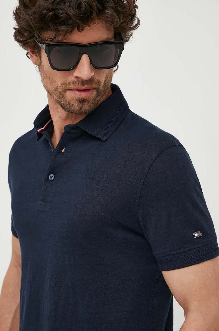 Tommy Hilfiger Ľanové polo tmavomodrá farba jednofarebné - Pepit.sk