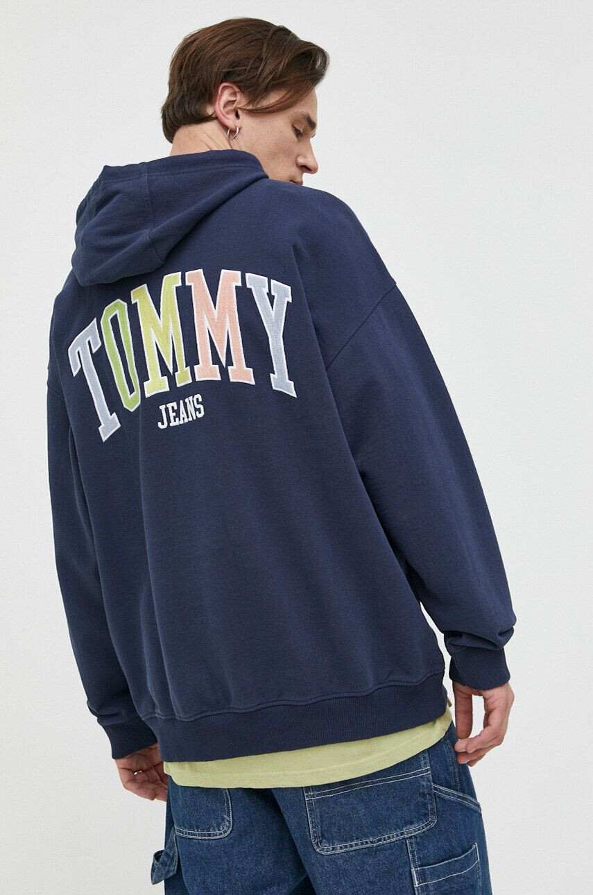 Tommy Jeans Bavlnená mikina dámska tmavomodrá farba s kapucňou s potlačou - Pepit.sk