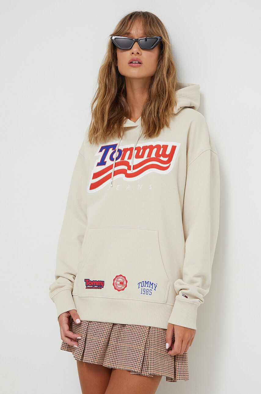 Tommy Jeans Bavlnená mikina dámska béžová farba s kapucňou s potlačou - Pepit.sk