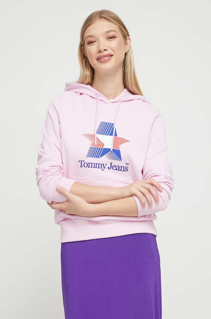 Tommy Jeans Bavlnená mikina dámska ružová farba s kapucňou s potlačou - Pepit.sk