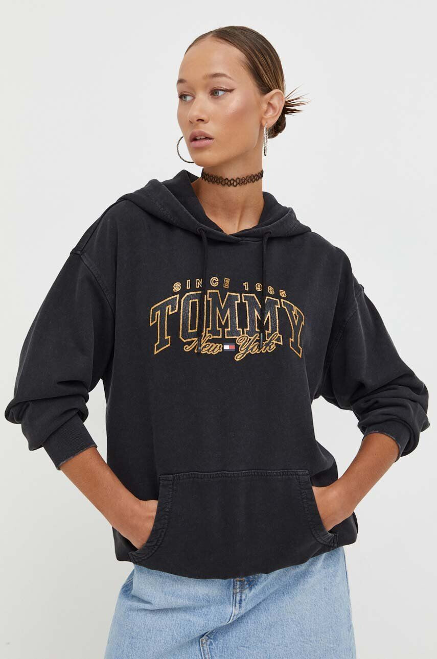 Tommy Jeans Bavlnená mikina dámska šedá farba s kapucňou s potlačou - Pepit.sk