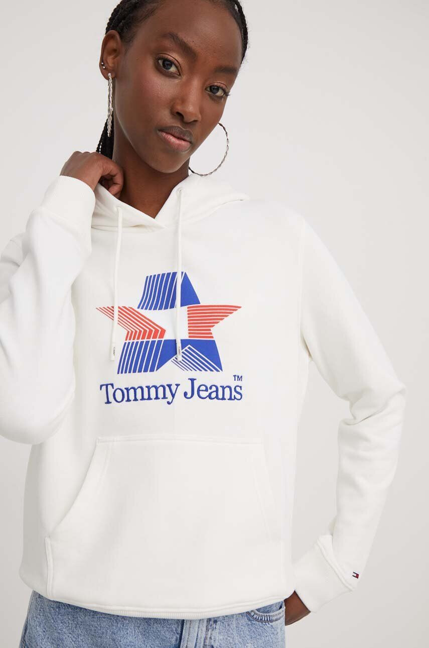 Tommy Jeans Bavlnená mikina dámska béžová farba s kapucňou s potlačou - Pepit.sk