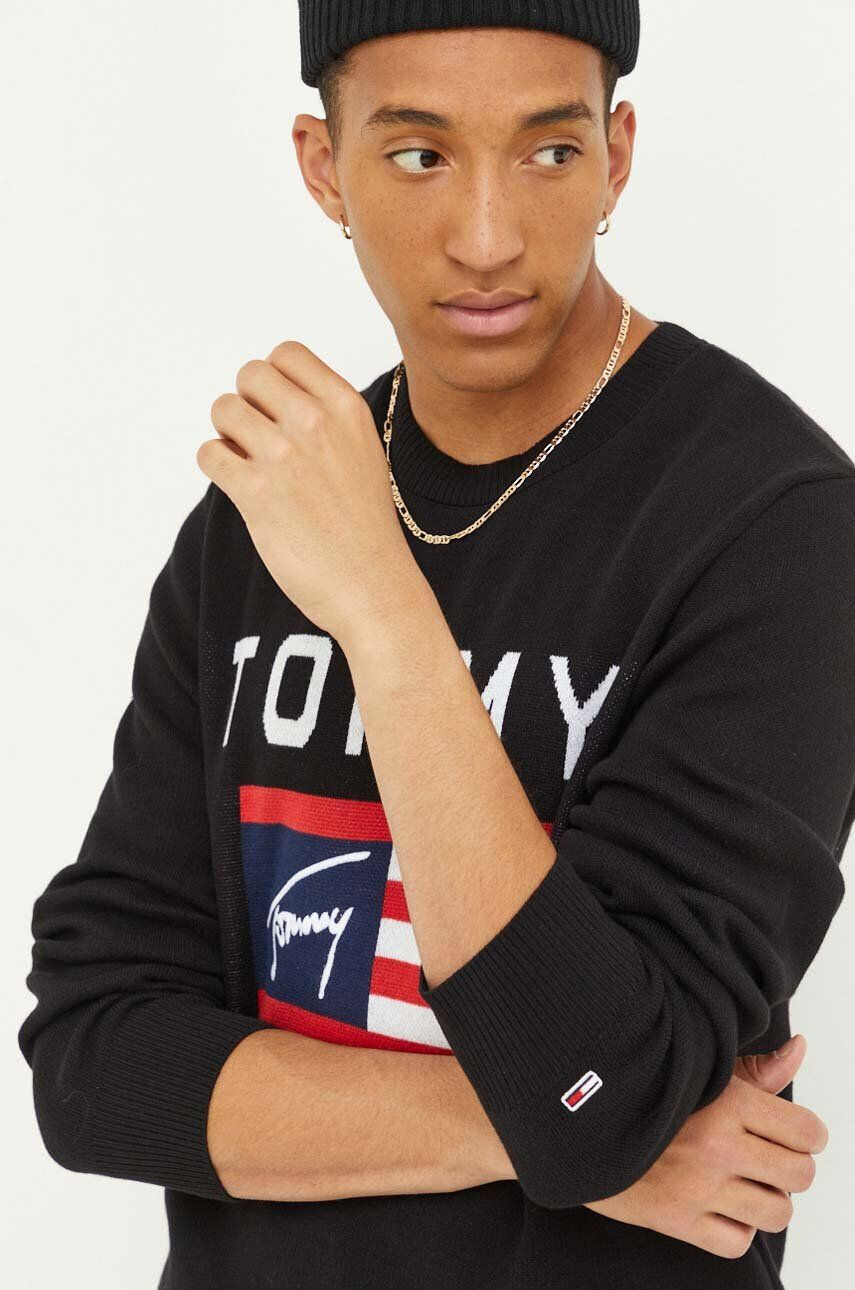 Tommy Jeans Bavlnený sveter čierna farba tenký - Pepit.sk