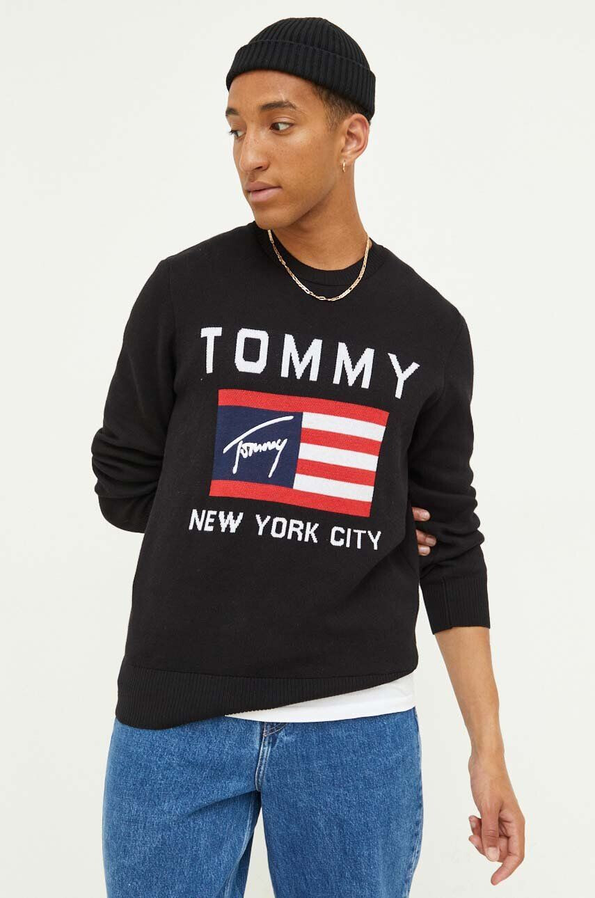 Tommy Jeans Bavlnený sveter čierna farba tenký - Pepit.sk