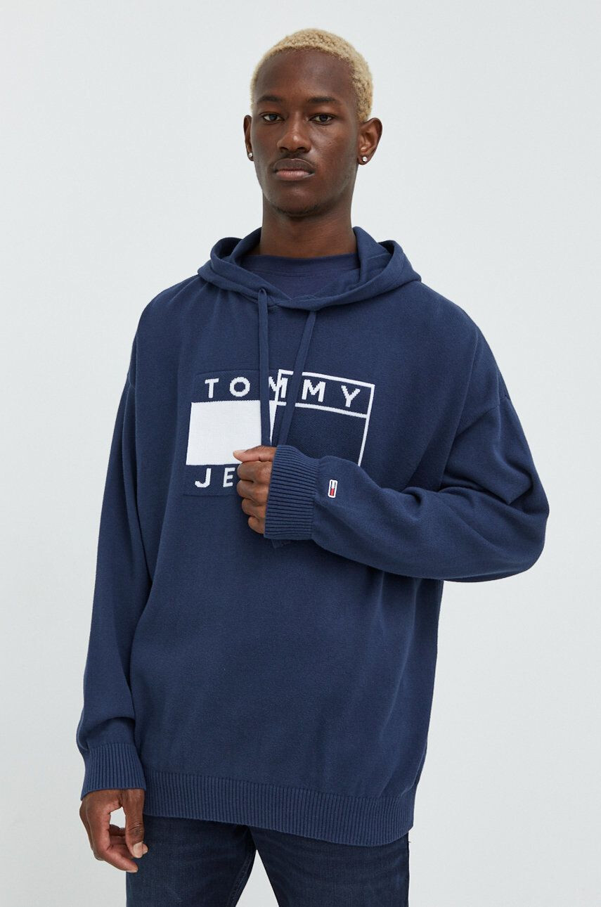 Tommy Jeans Bavlnený sveter pánsky tmavomodrá farba tenký - Pepit.sk